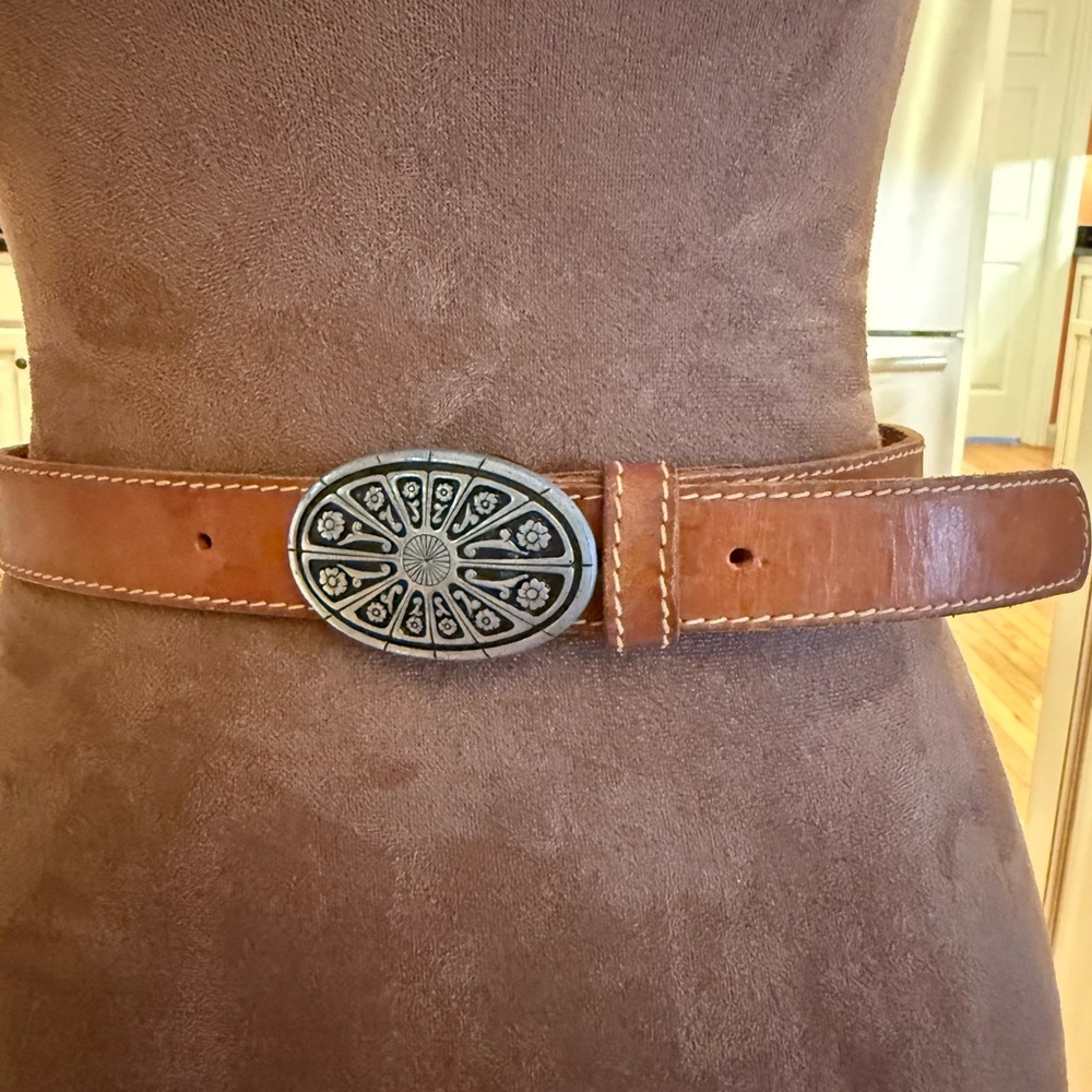 Brown Leather Belt with Floral Silver Buckle Western Boho festival
